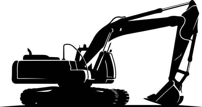 Black excavator silhouette, heavy machinery icon, construction equipment, industrial vector