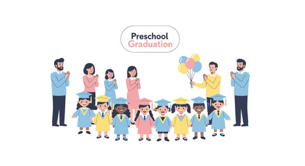 Fototapeta premium Preschool Graduation Celebration: Diverse Kids in Caps and Gowns with Adults and Balloons