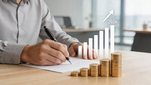 Businessman signing contract document with pen growing financial graph chart stack of golden coins increasing height on office desk table