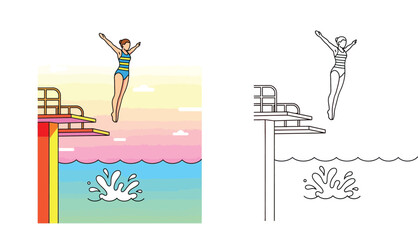 Girl diving into a swimming pool from a high platform vector illustration and black and white coloring page set. Female athlete jumping into water with splash and sunset background.