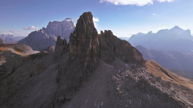 Aerial view of Croda da Lago and Monte Pelmo mountain peaks in Dolomites, Italy