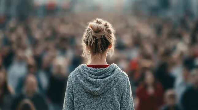 Social anxiety and crowd aversion woman facing away from a large group of people feeling overwhelmed by social pressure and public scrutiny in an urban setting. High quality photo