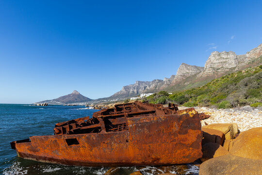 The shipwreck of the  MV Antipolis which was a 25,000-ton Greek oil tanker that ran aground near Oudekraal, Cape Town, in July 1977 during a northwest storm. The Antipolis is a shallow wreck on a rock