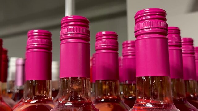 Rows of pink wine bottles closeup, lined on boutique shelf with metallic caps glinting under warm lighting, necks and labels
