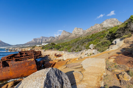 The shipwreck of the  MV Antipolis which was a 25,000-ton Greek oil tanker that ran aground near Oudekraal, Cape Town, in July 1977 during a northwest storm. The Antipolis is a shallow wreck on a rock