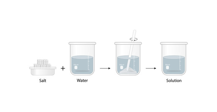 Homogeneous mixture, uniform composition, salt and water. Solubility, solute and solvent. Chemistry experiment. Scientific design. Vector illustration.