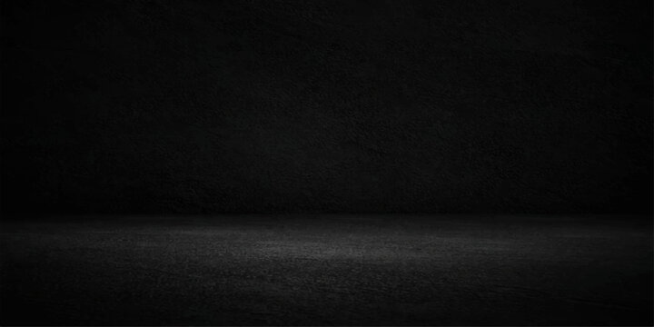 Empty vintage black and white room with a dark grunge concrete wall texture and scratched gray stone floor