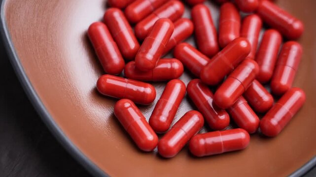 Red nutritional supplement capsules falling into a brown bowl. Dietary supplements. Daily vitamin intake and healthy lifestyle concept.