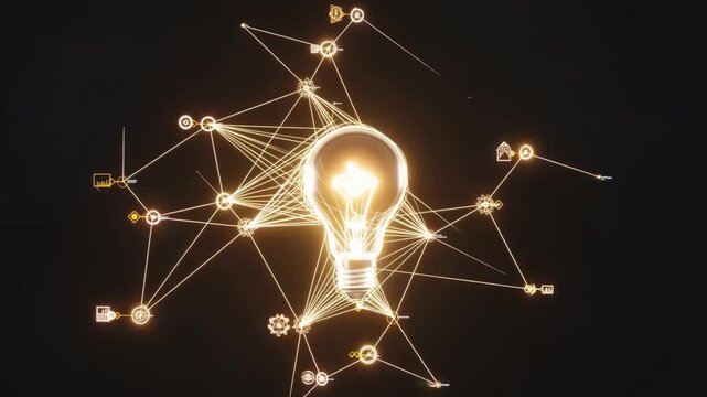 A creative business timelapse of a lightbulb transforming into an innovation ecosystem with interconnected ideas against a dark background, concept of creativity and breakthrough thinking