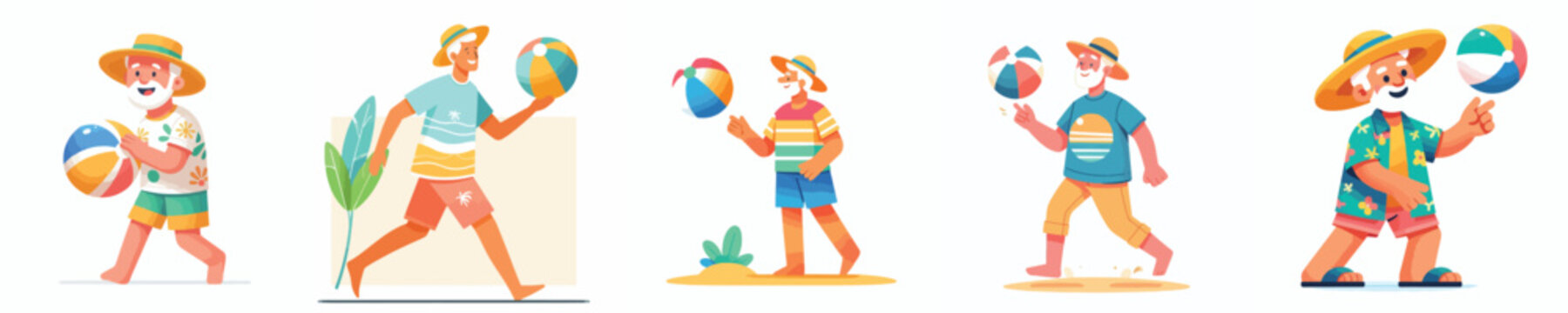vector of a grandpa standing playing beach ball in summer