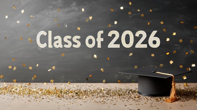 Modern graduation banner with Class of 2026 text on a blackboard background with a black mortarboard cap and golden confetti for school commencement celebration concept