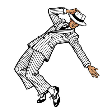 vintage stylish man dancer in pinstripe suit dancing in moonwalk style illustration