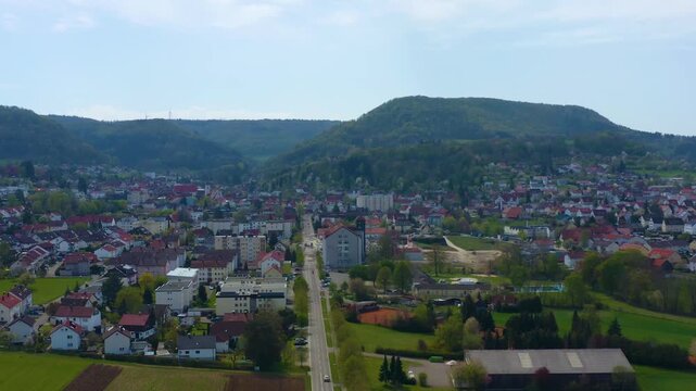Aerial view of the city  Heubach in Germany on a sunny spring day 