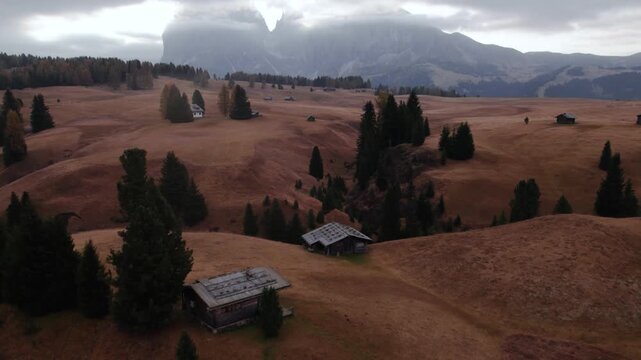 Flying over wooden cabins at Alpe di Suisi meadow, Dolomites, Italy