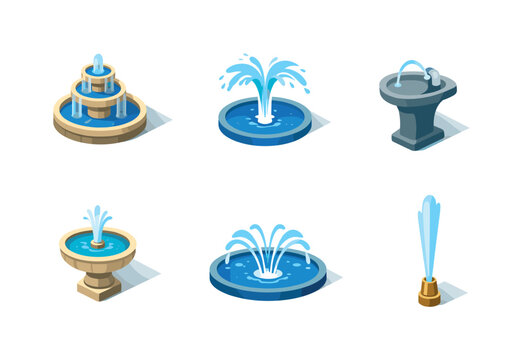 Isometric set of decorative water fountains and drinking fountain with flowing jets and splashing basins, urban park and garden water feature icons