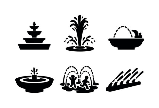 Set of black fountain silhouettes showing water jets, tiered basins, splashing sprays, and playful children in a park water feature icon collection
