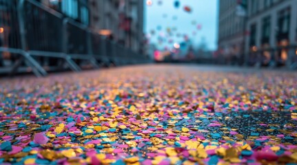 Naklejka premium Celebration and festivity colorful confetti scattered on city street after parade or event representing joy community and post-event cleanup challenges. High quality photo