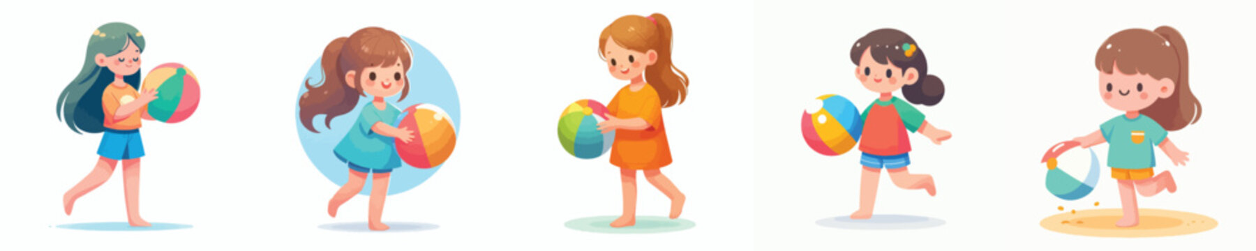 vector of a little girl standing playing beach ball in summer