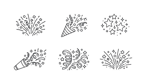 Minimal line art celebration icons set with confetti poppers, streamers, sparkles, and star bursts for festive party design elements