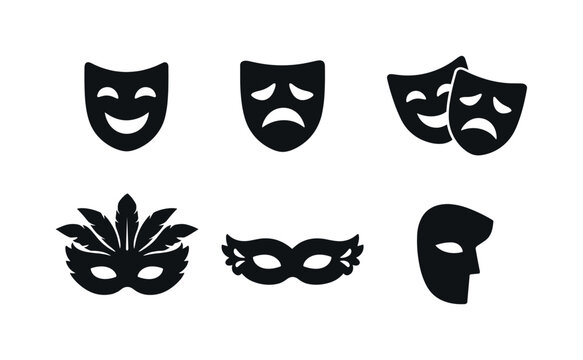 Set of black theater and masquerade mask silhouettes with comedy and tragedy faces, carnival eye masks, and half-face disguise icons on white