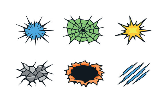 Collection of cartoon impact marks showing cracked holes, shattered glass, explosion bursts, rock fractures, and claw scratches in colorful comic style