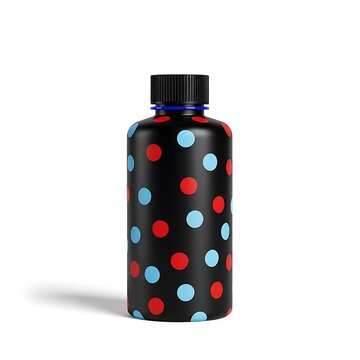 Black bottle with red and blue polka dots