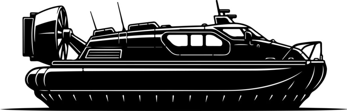 Black hovercraft, vector boat, air cushion vehicle, transportation icon