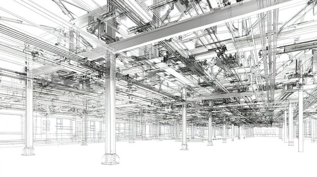 Industrial Interior: Metal Frameworks, Overhead Cables, and Structural Supports