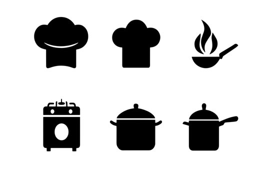 Cooking icons chef hat stove pot pan