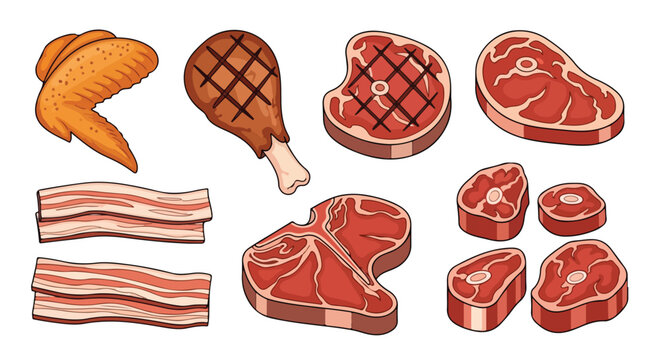 Illustration of various raw meat cuts including steaks, bacon, and chicken on a white background, showcasing different types of beef and pork products in a flat lay composition.