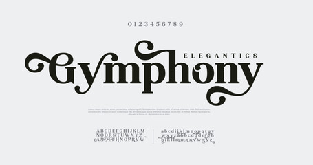 Fototapeta premium Gymphony, Elegant Font Uppercase Lowercase and Number. Classic Lettering Minimal Fashion Designs.