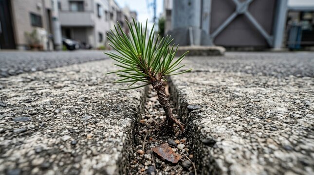 都会のコンクリートの隙間から芽吹くたくましい松の苗木。強い生命力と希望を感じさせる、道端の亀裂に根を張る植物のクローズアップ広告用ストックフォト素材