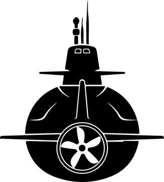 Black submarine icon, vector nautical symbol, ocean vehicle illustration, propeller ship
