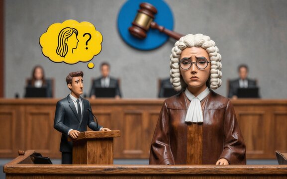 Courtroom scene with judge and lawyer thought bubble shows a