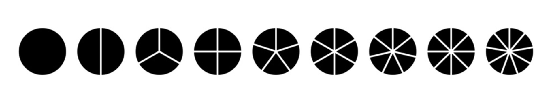 Coaching blank mockup. Pizza, pie chart layout. Circle division on 1 2 3 4 5 6 7 8 9 black equal parts. Infographic minimalist icons. Wheel round divided diagrams from one to nine segments.