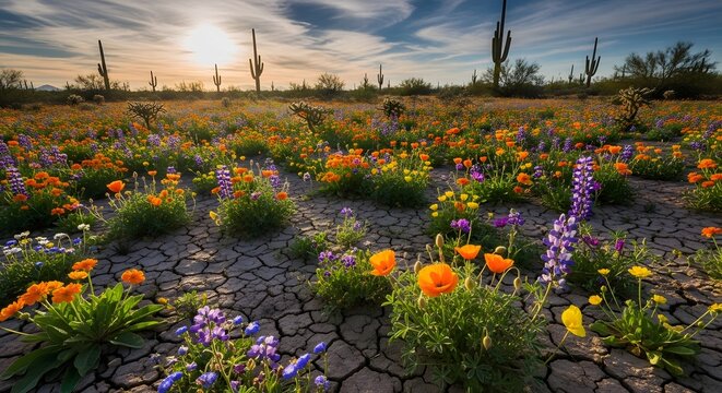 Desert wildflowers bloom in cracked earth during golden hour with saguaro cacti