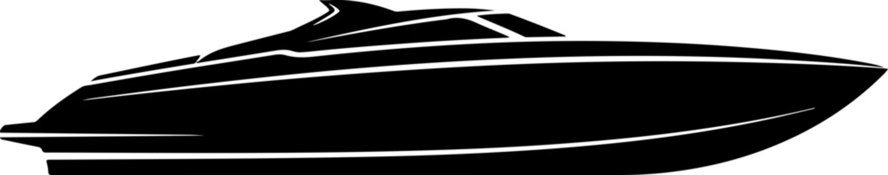 Sleek yacht, boat silhouette, vector nautical, black speedboat