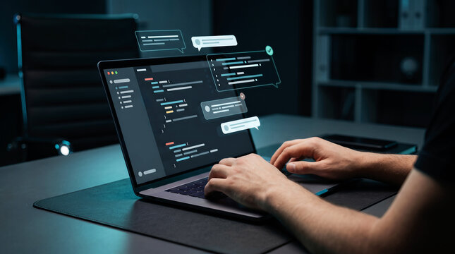 Software developer coding with AI assistant interface on laptop