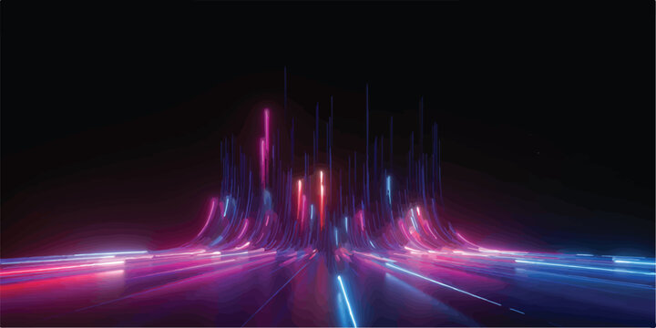 Abstract futuristic cityscape or network of glowing lights with vibrant neon pink and blue streaks flowing across a dark background creating a sense of speed and data transfer
