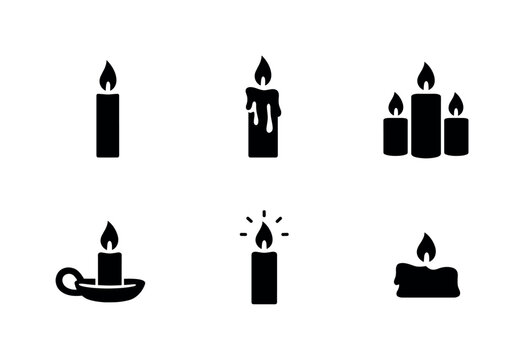 Minimal black silhouette set of burning candles, including single candle, dripping wax pillar, grouped candles, candleholder, glowing flame, and melted wax