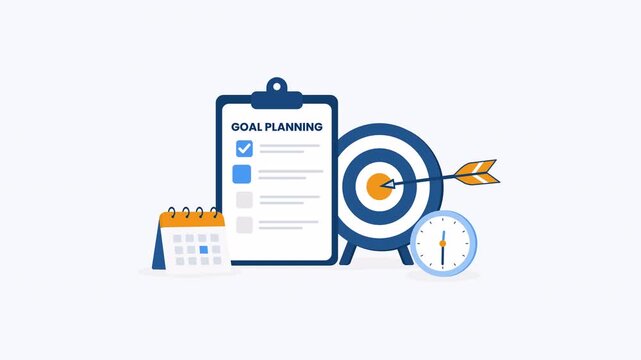 Flat design animation of goal planning with checklist target board calendar and clock representing strategy planning deadline management and business success concept isolated with alpha channel transp