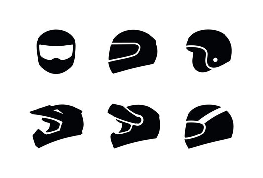 Set of black motorcycle helmet silhouette icons showing full-face, open-face, and off-road designs in side view and front view on white