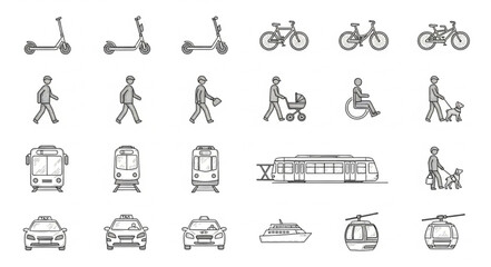 Collection of hand-drawn transportation icons and symbols. © Minatullohilmalikil