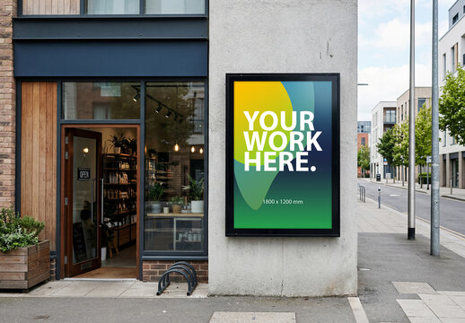Vertical city poster billboard Mockup on storefront