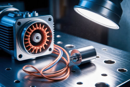 A close-up of an electric motor with copper coils and wiring on a metal workbench illuminated by a focused light source.