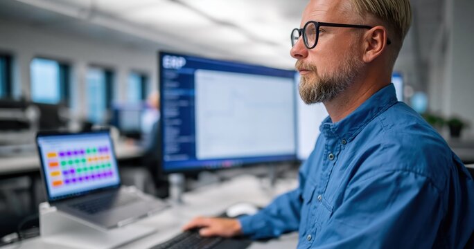 Enterprise resource planning implementation Man working on ERP software it solutions data management business intelligence digital transformation in modern office. High quality photo