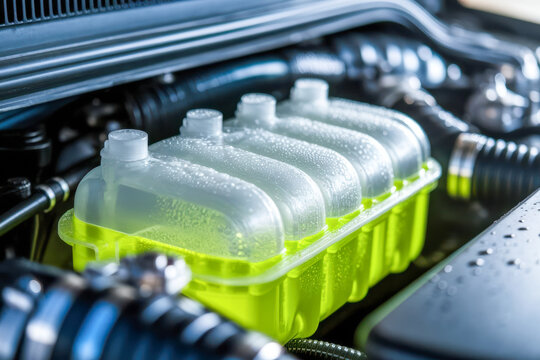 Close-up of a car engine coolant reservoir filled with bright green antifreeze fluid and condensation droplets on the plastic container.