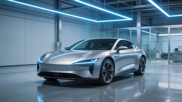 Silver electric car in modern facility