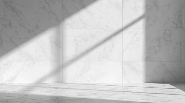 Minimalist interior design trend empty marble room with sunlight and shadows for product mockup showroom or presentation backdrop clean architecture. High quality photo
