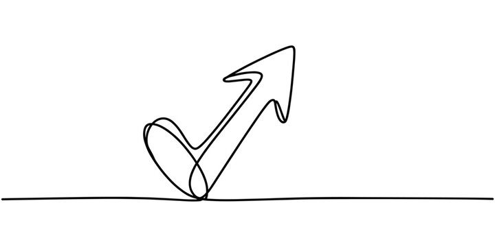Black single line of an upward pointing arrow with a check mark growth success